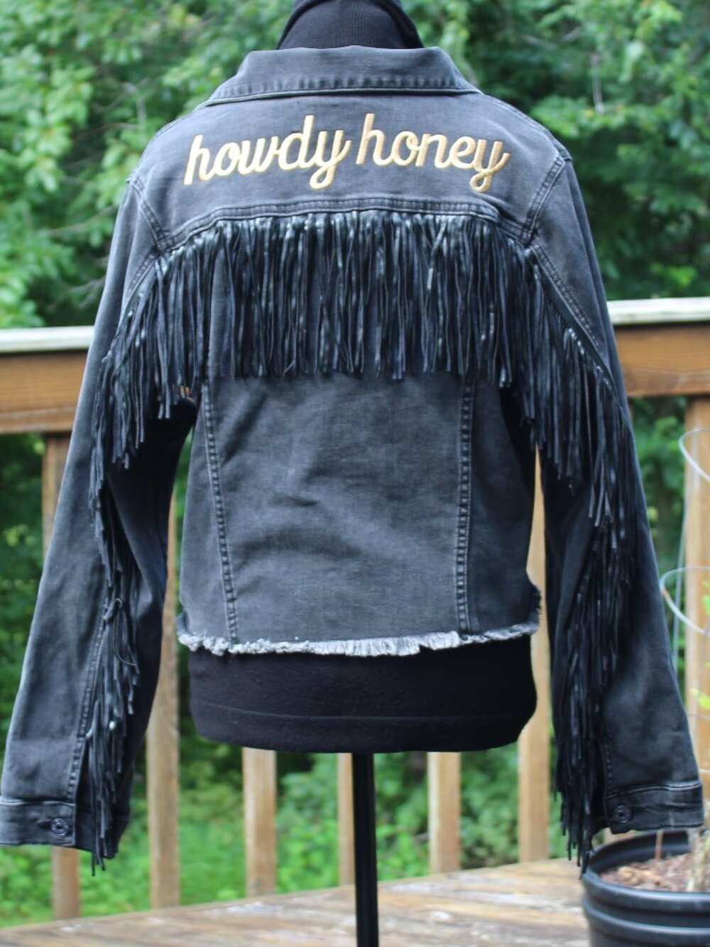 Cropped Fringed Denim Jacket with "Howdy Honey" Embroidery - Risen LA - Size L